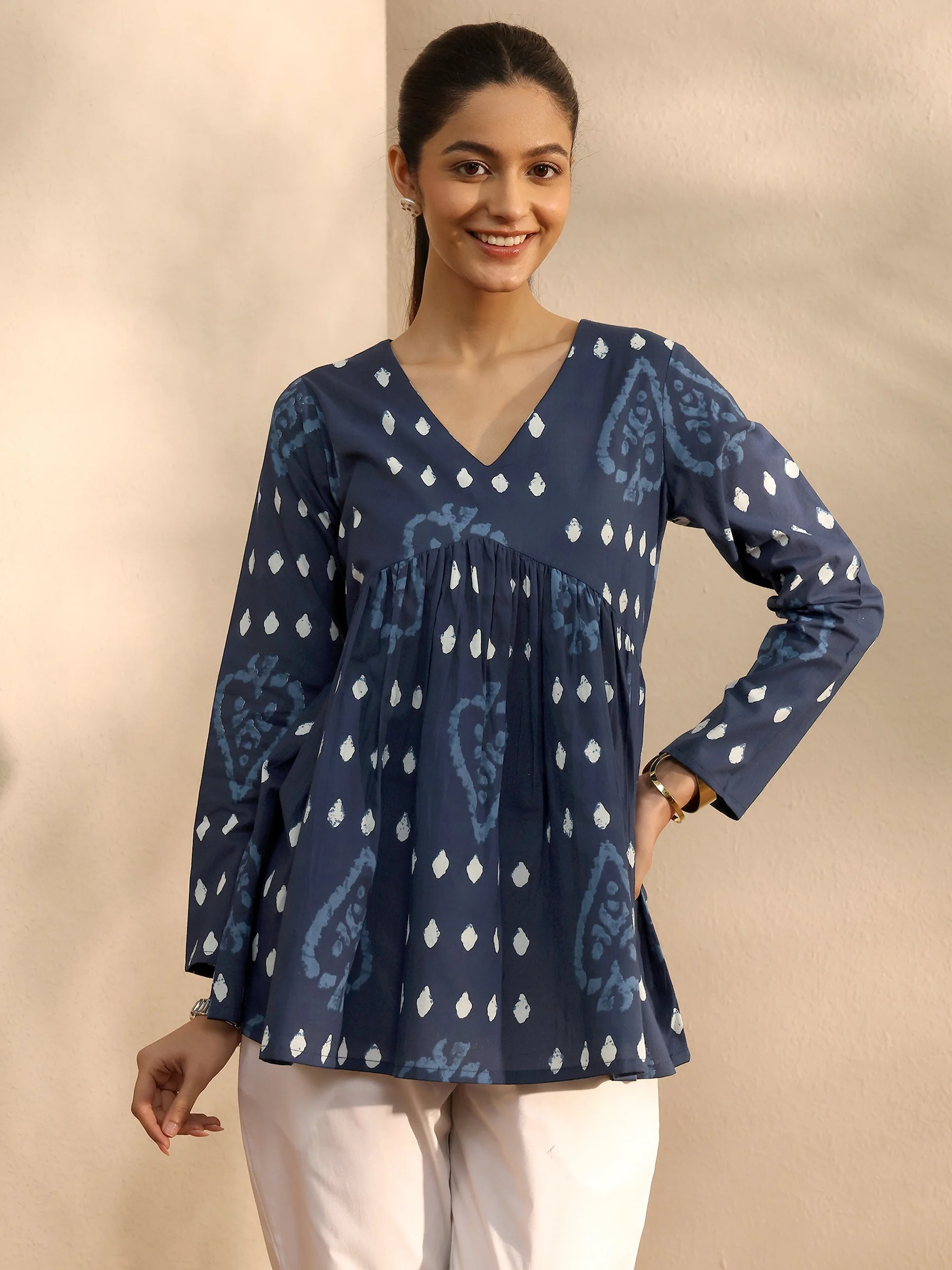 Blue Printed Cotton Blend A-line Short Kurti